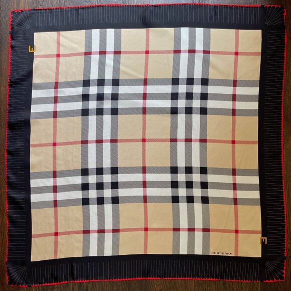 NWT Burberry Scarf Logo Iconic Beige Check Black Red Border Silk Wrap - Picture 8 of 13